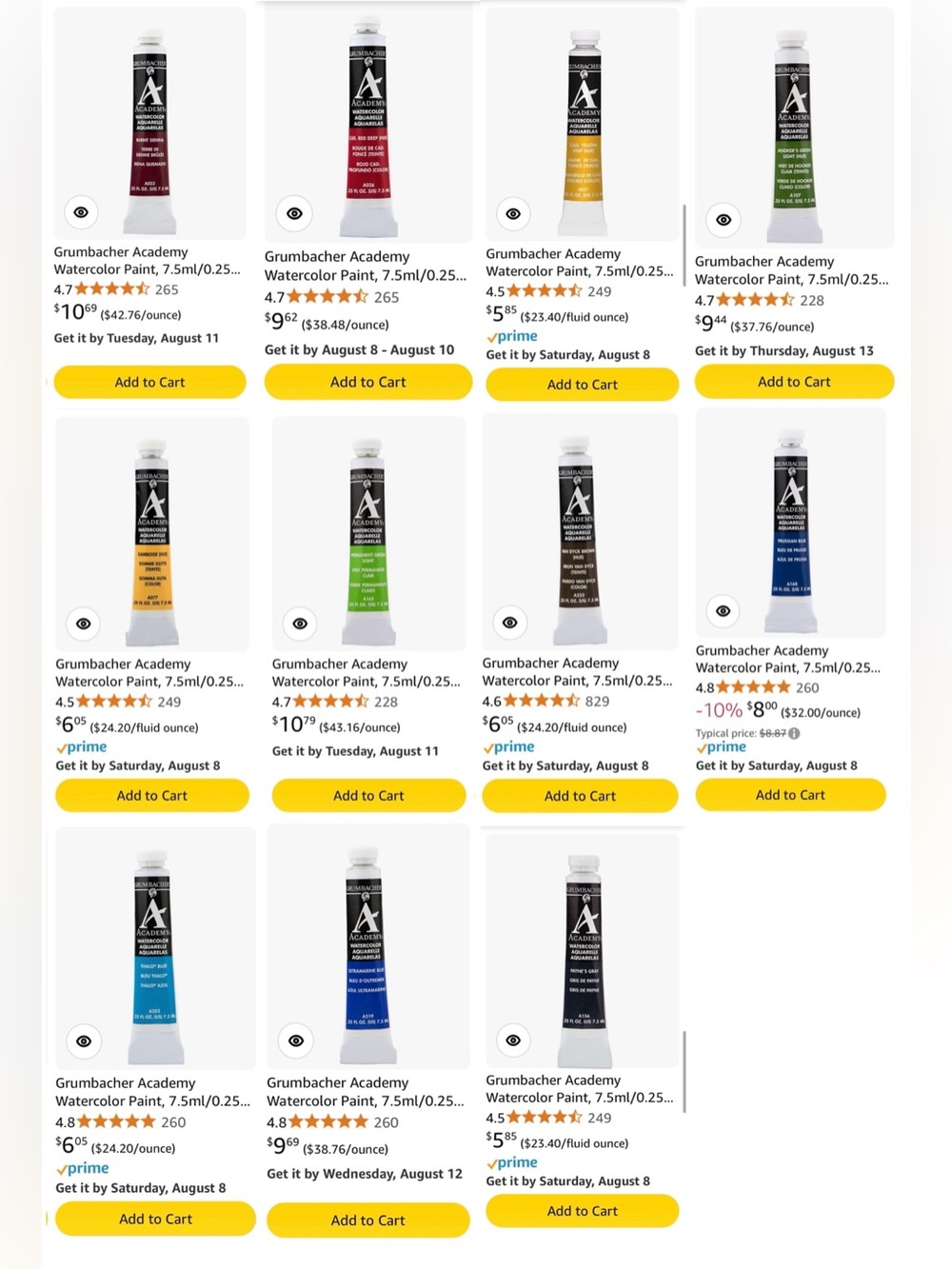 LOT of Grumbacher Academy Watercolor Paint, 7.5ml/0.25 oz. - All NWT